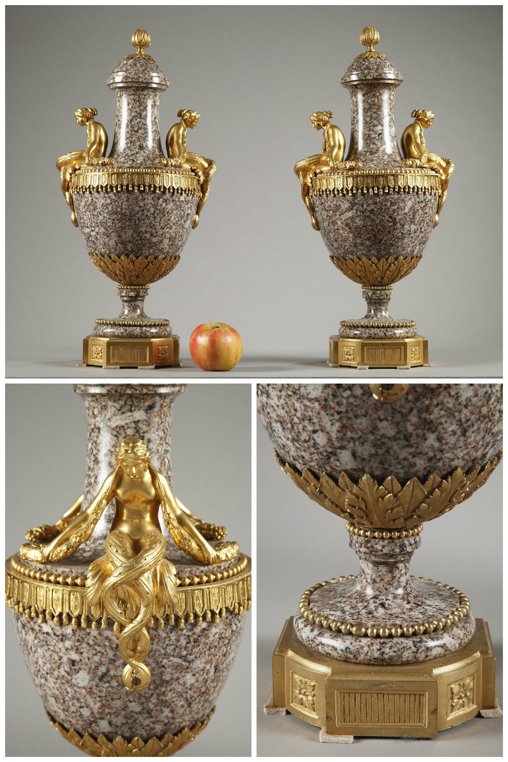 Mid-19th century pair of vases in Ural granite and gilt bronze